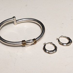 Taxco 27g Sterling Clamper Bypass Bracelet w Brass Detail. Optional 3/4" Hoops